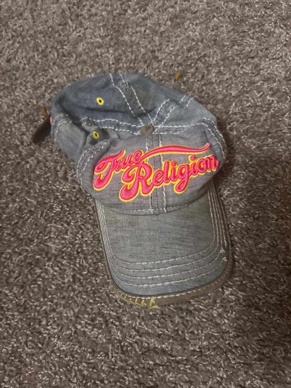 Vintage Y2K True Religion Distressed Blue Denim Baseball Cap Hat With Embroidere